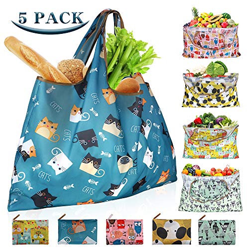 Ravmix 5-Pack Reusable Shopping Bags 55LBS XX-Large Foldable Washable Grocery Bags Heavy Duty Cloth Shopping Bags Tote Ripstop Fits in Pocket, Cute Cat Dog Owl Cactus Printing