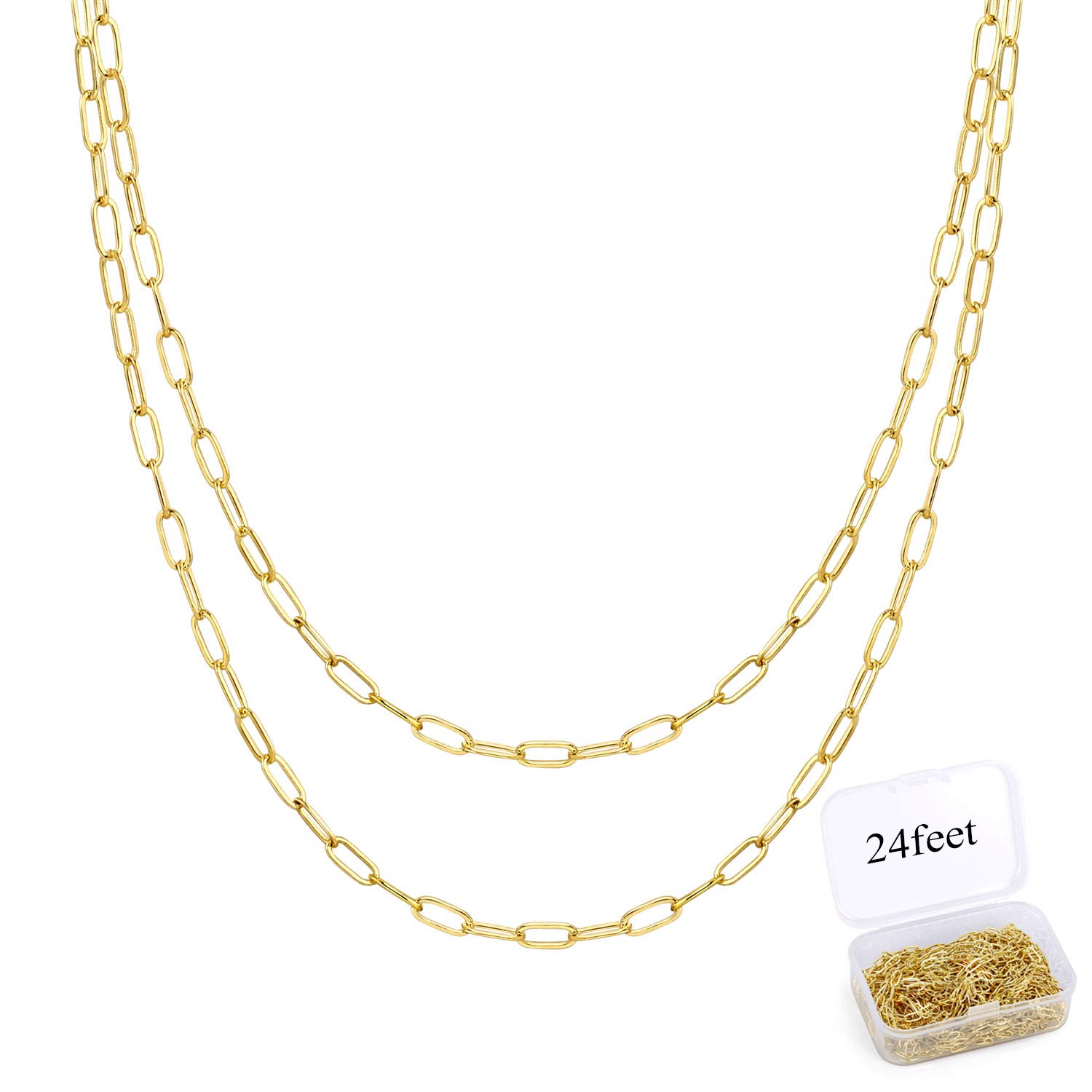 ALEXCRAFT 24 Feet Gold Chains for Jewellery Making Paperclip Chains Link Bulk Stainless Steel Chains Roll for DIY Craft Chain Jewellery Making Necklace