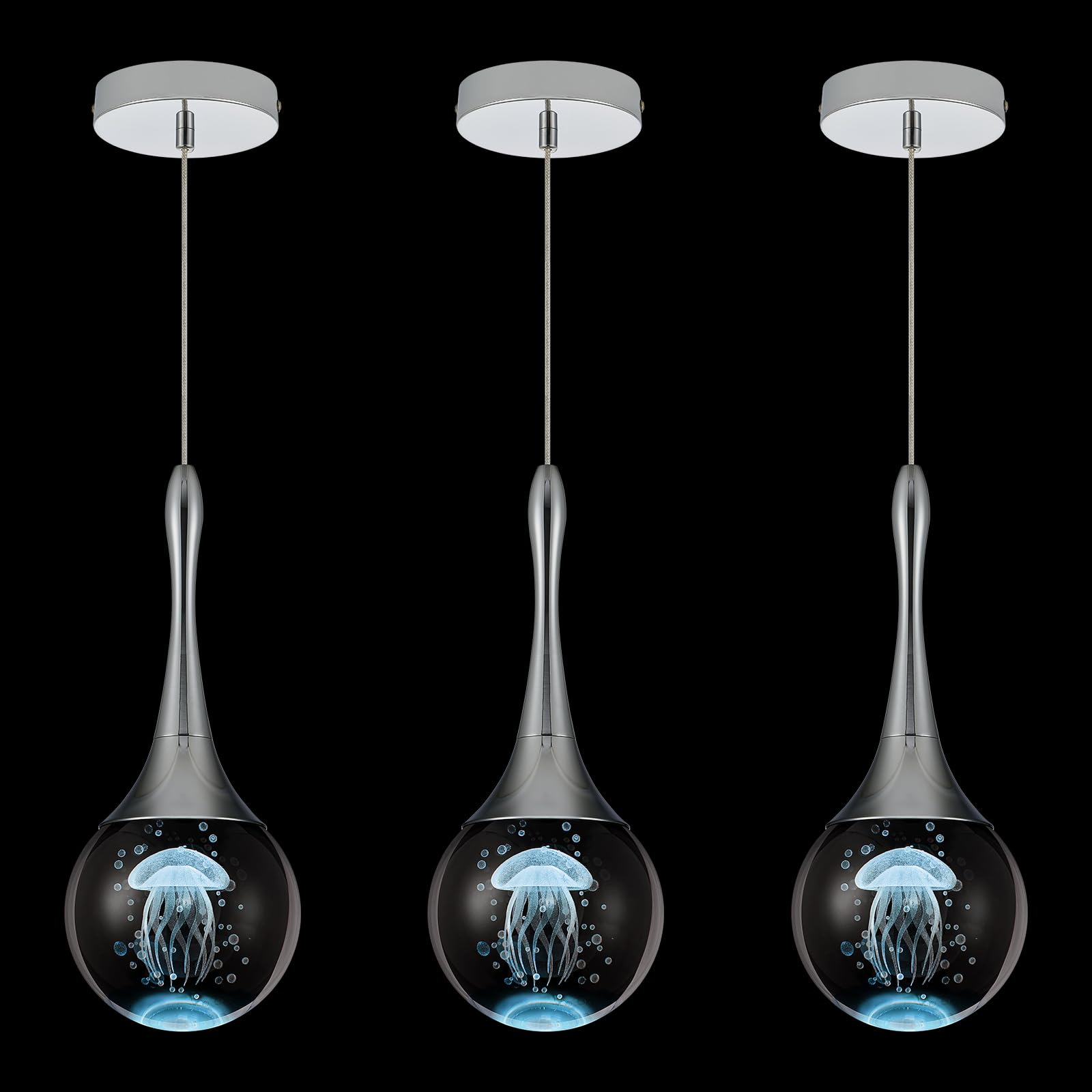 Photo 1 of kackae LED Pendant Light Kitchen Island Jellyfish Crystal Pendant Lights Dimmable Chrome Modern Hanging Light for Bedroom Bathroom Living Room 6000K Cool White, 3 Pack