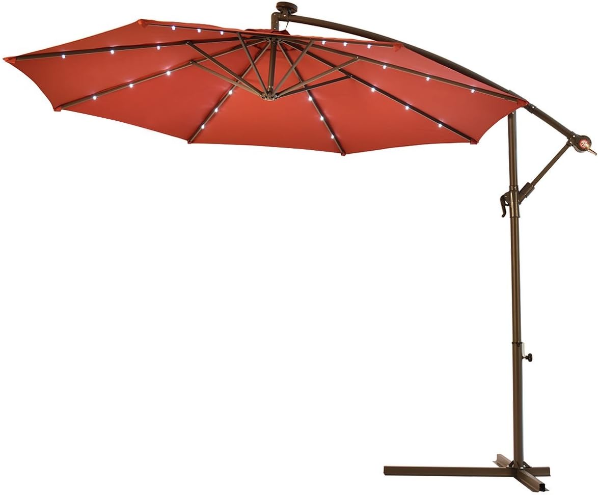 Amazon Com Lotus Analin 10 Hanging Solar Led Umbrella Patio Sun Shade Offset Market W Base Burgundy Garden Outdoor