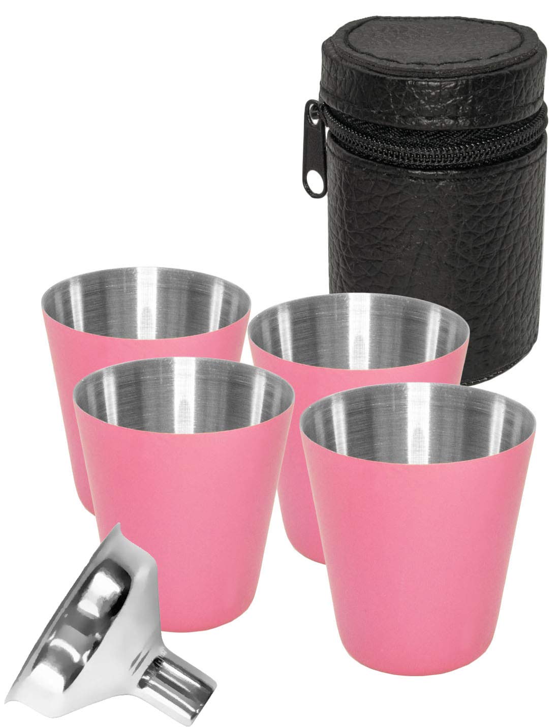 Outdoor Saxx Stainless Steel Drinking Cups Set of 4 with Leather Bag and Filling Funnel Pink