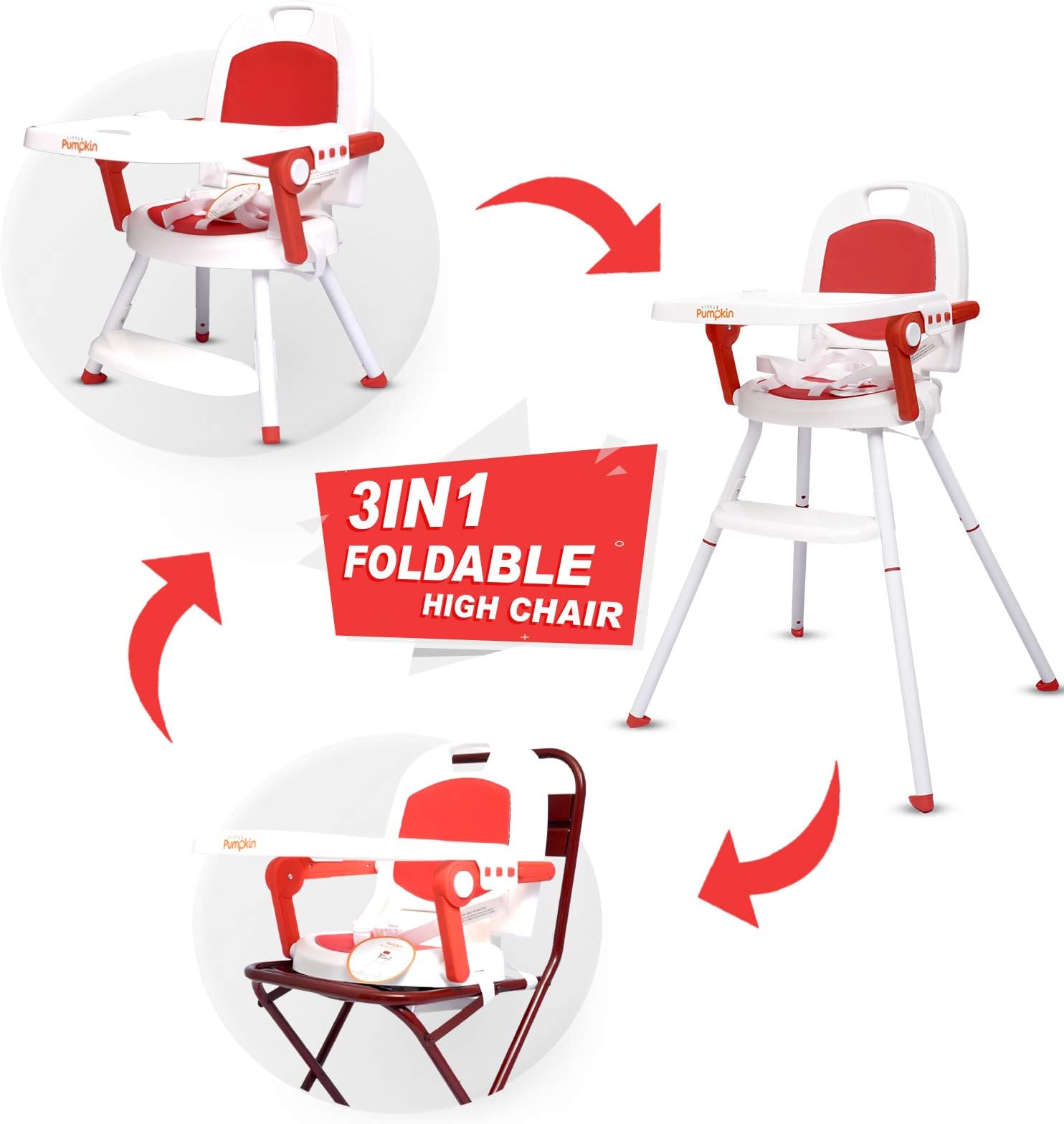 Little pumpkin Kiddie Kingdom 3 in 1 Foldable High Chair (Red) -