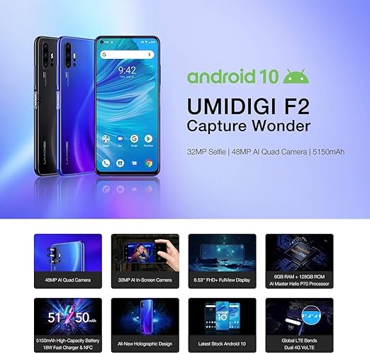 Smartphone Umidigi F2 6gb 128gb Camaras Cuadruples Ai De 48mp Bateria 5150mah Identificacion Facial E Identificacion De Huellas Dactilares Pantalla Fullview De 6 53 Pulgadas Android 10 Mtk Amazon Com Mx Electronicos