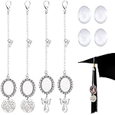 DICOSMETIC 4Pcs 2 Styles Graduation Memorial Photo Tassel Charm Antique Silver Graduation Cap Charm Personalized Memorial Picture Charms 2025 Oval Memorial Photo Chain Graduate Gift for Women Men