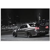 Jdm Car R34 Sport Silver Side Night Car Posters for Bedroom Car Wall Decor for Mens Room Decor Aesthetic Canvas Wall Art Prints Pictures Paintings Framed Unframed 12x18inch(30x45cm)