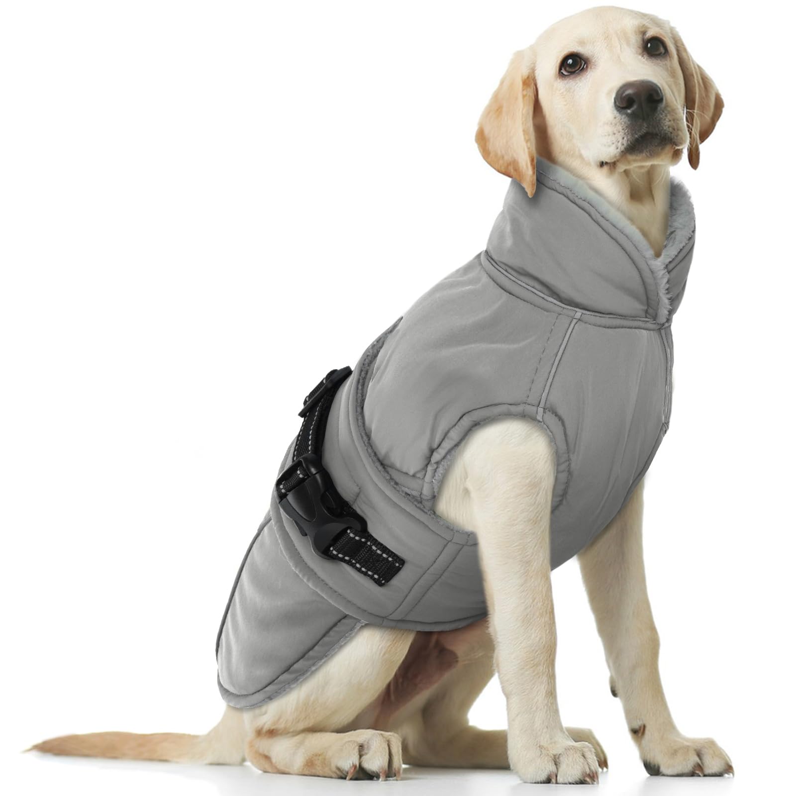 Waterproof Dog Coat with Harness Hole, Jacket for Large Dogs Winter Pullover Puffer Coat Snow for Winter Weather Keeps Pets Cosy and Warm(Gray, L)