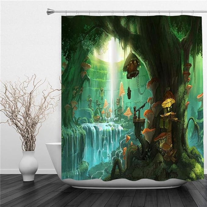 SUHETI Shower Curtain With Hooks，Green Forest and Waterfall with Elf