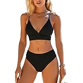 CUPSHE Women's Bikini Sets Two Piece Swimsuit Mid Rise Bathing Suits V Neck Crisscross Back Tie Textured