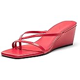 Athlefit Women's Dressy Summer Wedge Sandals Slip On Casual Strappy Thong Slides Cute Square Open Toe Flip Flop Heels