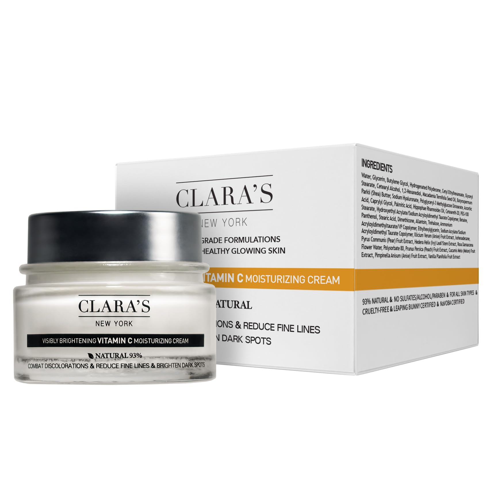 Clara's New York Visibly Brightening Vitamin C Moisturizing Cream, Combats Discolourations and Brightens Dark Spots, Radiant and Glowing Skin, Suitable For All Skin Types 50ml