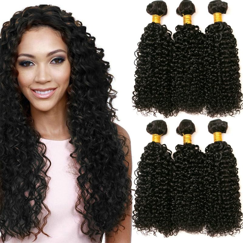 Urshiney Kinky Curly Human Hair Bundles for Women Short Brazilian Virgin Hair Curly Bundle Machine Made Double Weft Tangle-Free & No Shedding Natural Black Color Can Be Dyed Total 300g 8 10 12 Inch — image 1