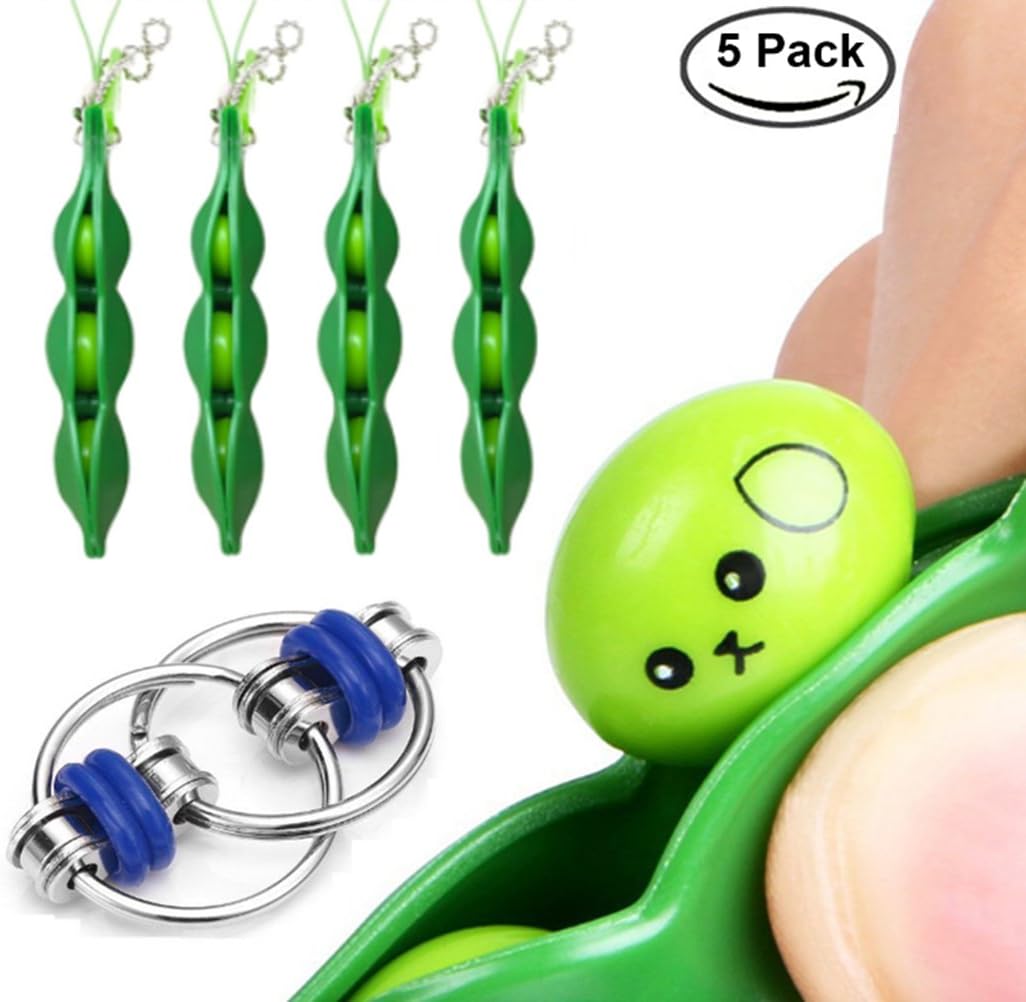 [Pack of 5]SYJYQ Funny Facial Expressions Squeeze Bean Fidget Toy and Flippy Bike Chain for Reduce Stress and Anxiety, OCD, ADD, ADHD, Bitting Nails, Peel Skin, Improve Focus