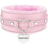paloli Furry Heart Leather Choker Collar for Women – Personalized Engraved Heart Pendant, Handmade Adjustable Faux Fur Necklace, Cute Gothic Fashion Jewelry