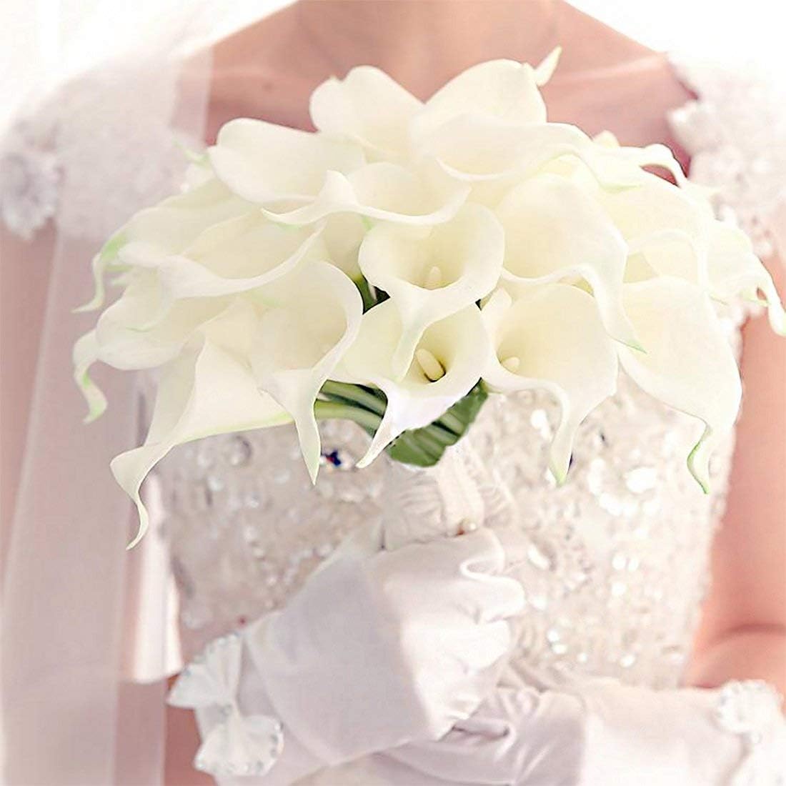Veryhome 20 Pcs Calla Lily Bridal Bouquet of Flowers Artificial Flower Head Latex Real Touch Home,Party,Wedding Decoration (White-White) - Image 5