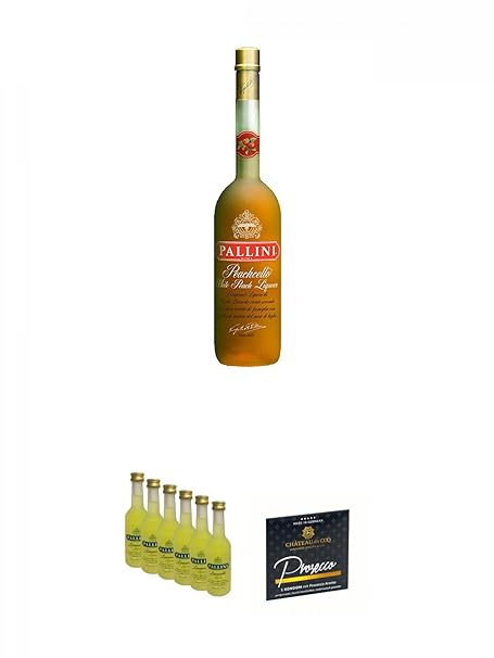 Pallini Peachello aus Italien 0,5 Liter + Pallini Limoncello aus Italien 6 x 0,05 Liter MINIATUR + Chateau du COQ Prosecco Ko