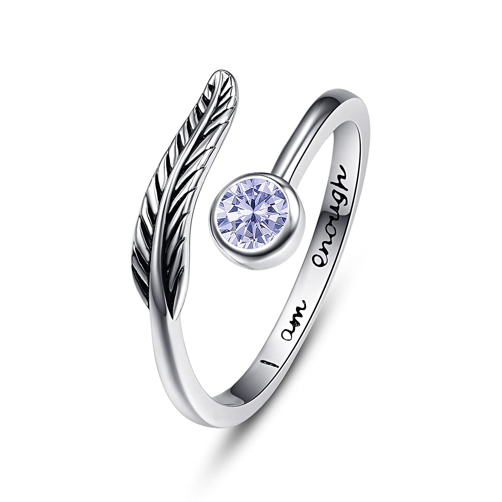 praymos Birthstone Adjustable Open Feather Ring 925 Sterling Silver Birth Stone Ring Jewelry Gift Birthday Gift for Mom Women Wife Girls (6-birthstone alexandrite ring)