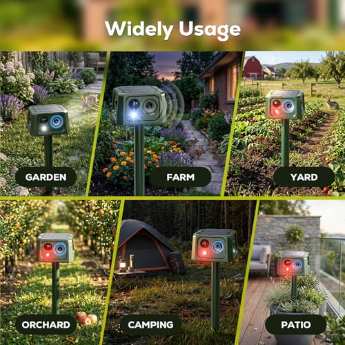 outsweat Outdoor Cat Repellent, 360° Ultrasonic Solar Mole Repellent with Motion Detector and Flashing Light, Waterproof IP66 5 Modes Snake Repellent for Voles Wild Raccoon Rabbit