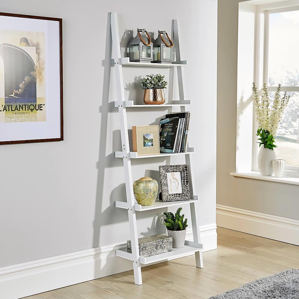 Home Source Ladder Bookcase Shelving Unit Display Ornament Stand Shelf Wall Rack Storage, White, 5 Tier