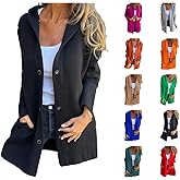 Women's Casual Jackets, Single-breasted Hooded Trench Coats, Dropped Shoulder Pockets, Button-front Coats