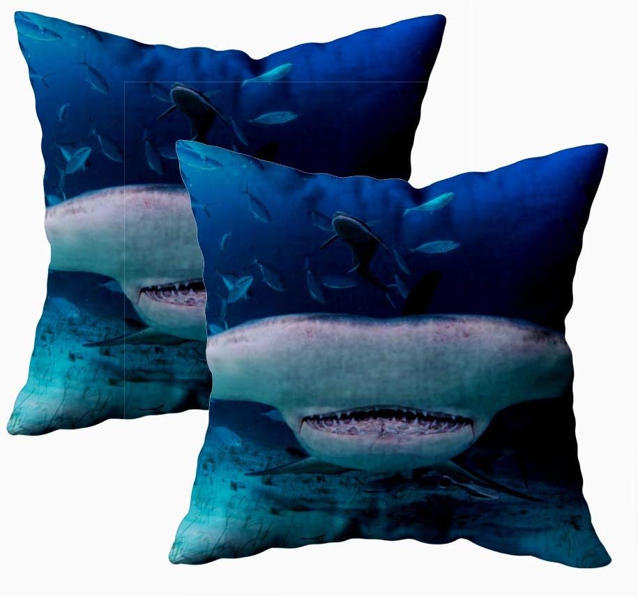 KIOAO Fall Pillow Case, Standard 2Sets 18X18Inch Soft Pillowcase Covers Closeup Shot of Shark Swimming Towards You in Clear Waters Bahamas Printed with Both Sides,Christmas Day