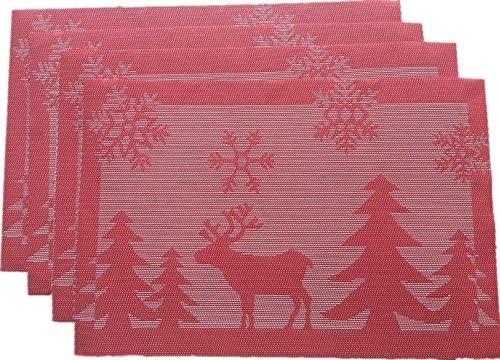 Placemats Set of 4 PVC Woven Vinyl Placemat for Dining Table Heat Resistant Stain Resistant Kitchen Table Mats Washable（Red Christmas reindeer）