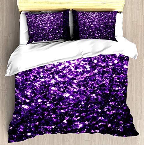 KANGSEA Beautiful Dark Purple Glitter Sparkles Duvet Cover Set Unique Printed Exclusive Designed Pattern Comforter Bedding Cover Pillow Shams 3 Piece Bed Duvet Cover Queen/Full
