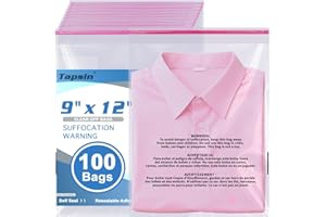 Cellophane Bags 9x12 Inch, 100 Count Clear Poly Bags with Suffocation Warning, Resealable Adhesive Plastic Tshirt Bag for Sma