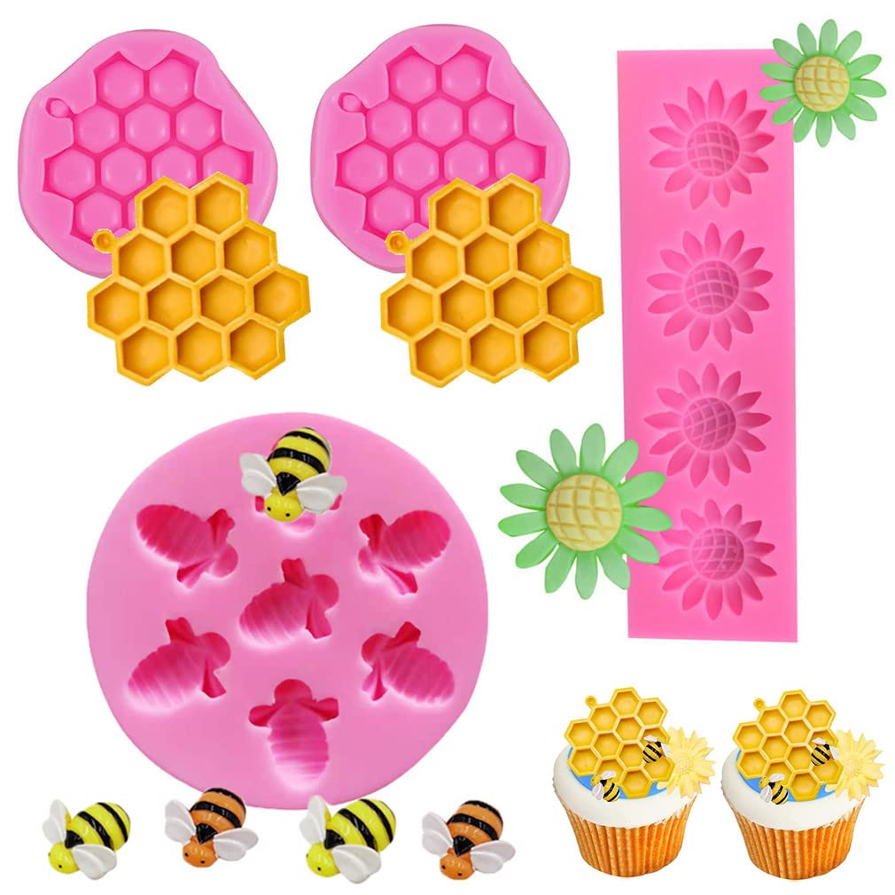 Morices 4 Pcs Flower Bee Silicone Molds, Honeycomb Sunflower Bees Chocolate Mold for Candy Fondant Cake Decoration, Beehive Bumblebee Baking Mold for Polymer Clay Crafting Cupcake Toppers