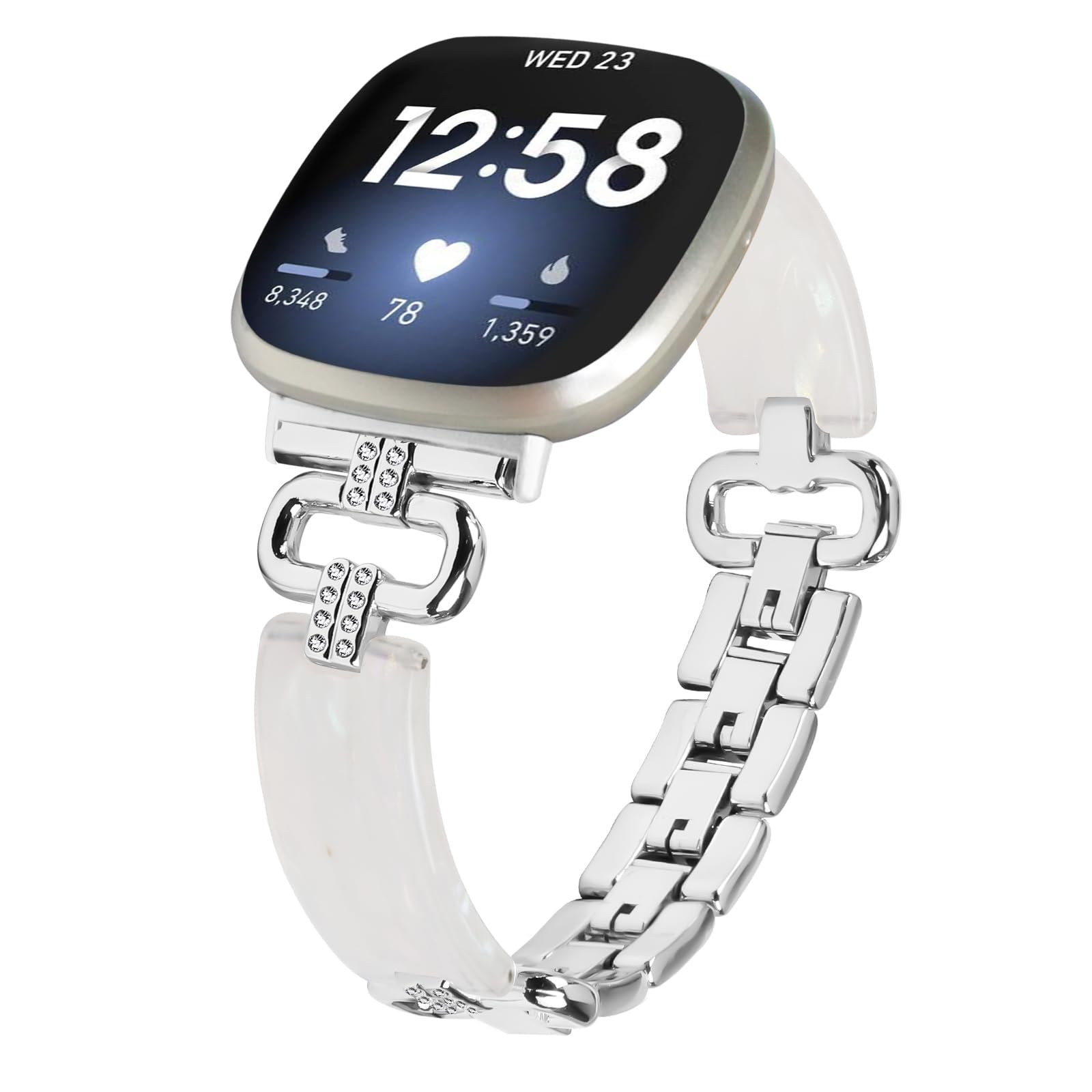 Miimall Alloy Resin Strap for Fitbit Versa 4/Versa 3/Fitbit Sense 2/Sense Band, Bling Rhinestone Wristband, No Gap Metal Band for Fitbit Versa 4, Adjustable Replacement Strap for Women Girl-Silver
