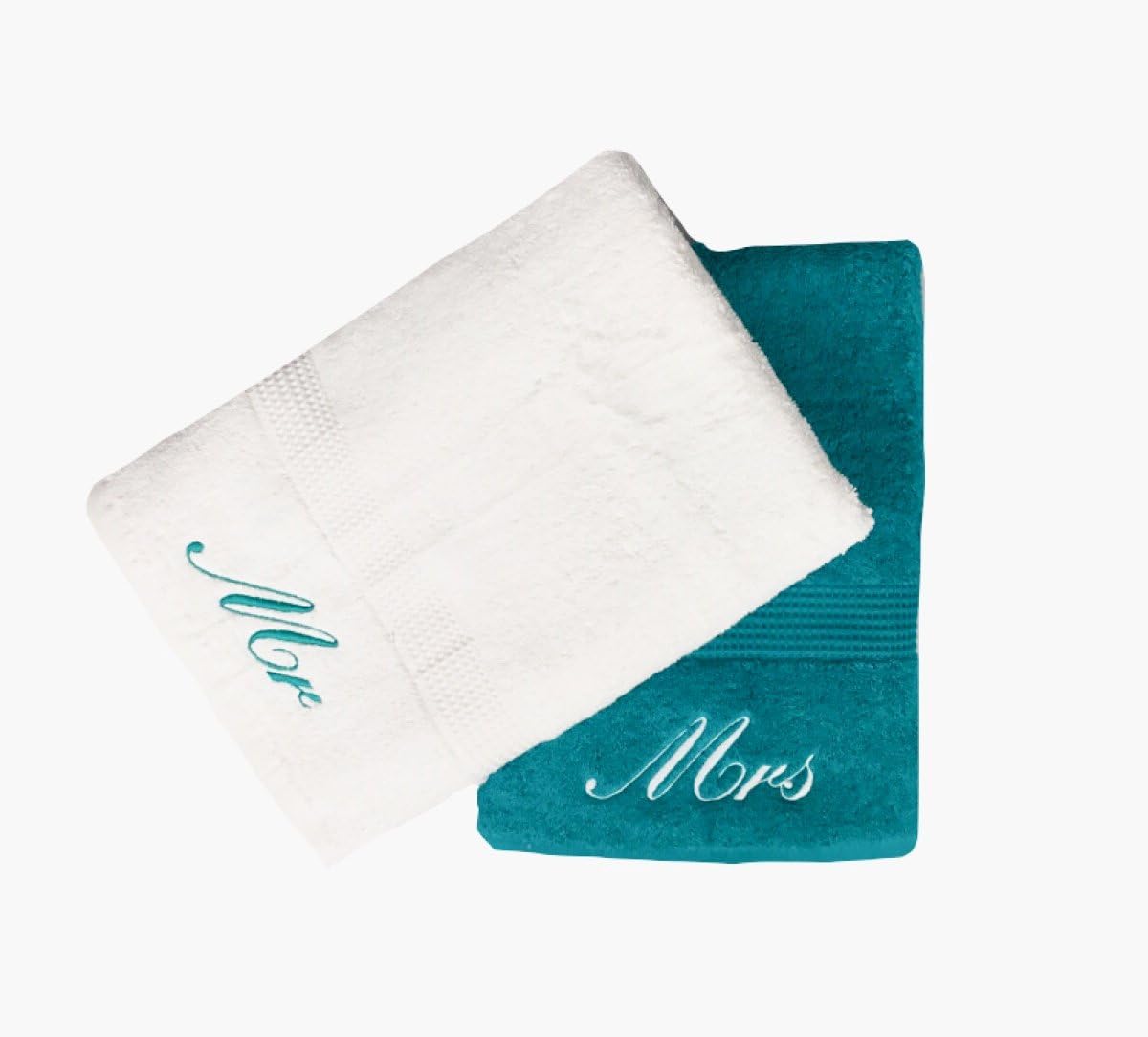 Niche Embroidery Embroidered Mr & Mrs Teal and White Bath Towels Pair