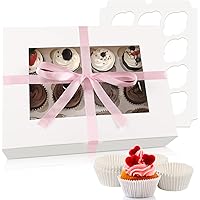 Moretoes Cupcake Boxes 8 Packs, White Cupcake Carrier Bakery Boxes with Windows and Inserts to Fit 12 Cupcakes Muffins or Pas
