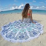 ONEPACK Extra Thick Mandala Blanket Tassel 100% Cotton Round Roundie Design-Picnic Blanket,Beach Blanket/Mat,Carpet,Table Cloth,Wall Tapestry,Diameter 60inch (Blue and White Porcelain)