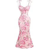 Milumia Women's Floral Tie Knot Mesh Cami Dress Boho Ruched Bust Fishtail Long Dresses