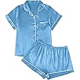 LILLUSORY Silk Satin Pajama Set for Women 2 Piece Lounge Pjs Shorts Matching Summer Sleepwear Button Down Shirt Shorts