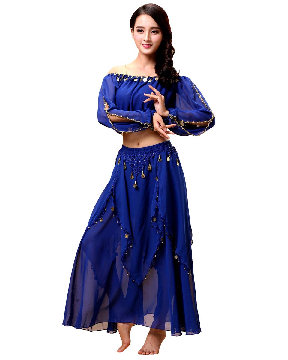 Grouptap Arabian womens belly dancer long sleeve indian Bollywood costume set outfit blue slit top pants ladies girls dancing (Blue, 150-170 cm)