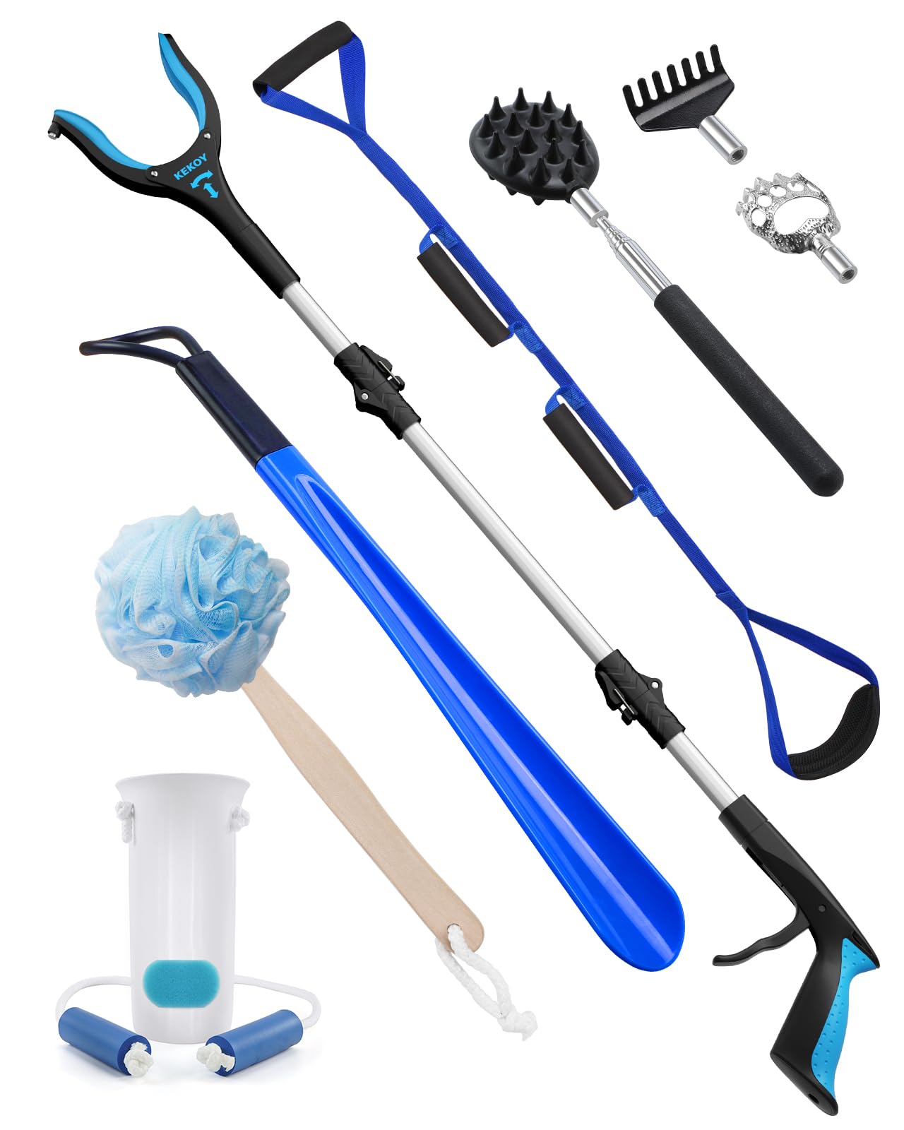 Kekoy 8 piece Hip Replacement Recovery Aids for Limited Mobility, Seniors, Hip Kit for Total Hip Replacement with 36" Grabber, Sock Aid, 19" Shoe Horn, Leg Lifter, Bath Sponge, Back Scratcher(Blue)