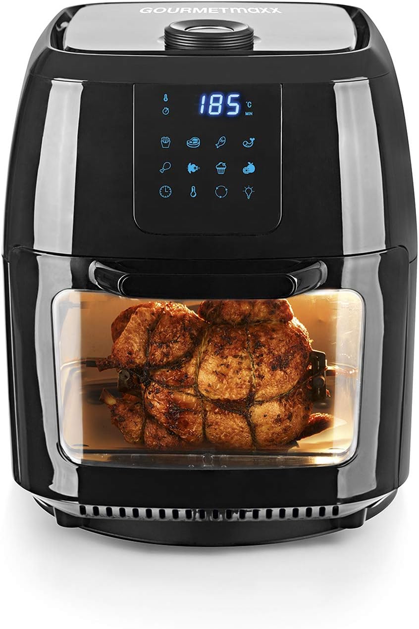 GOURTMETmaxx Digitale XXL Heißluft-Fritteuse 9 Liter| Frittieren ohne Fett, Ofen und Drehgrill, inkl. Schaschlikspießen | Hochwertiger Kunststoff [1800 Watt/Schwarz]