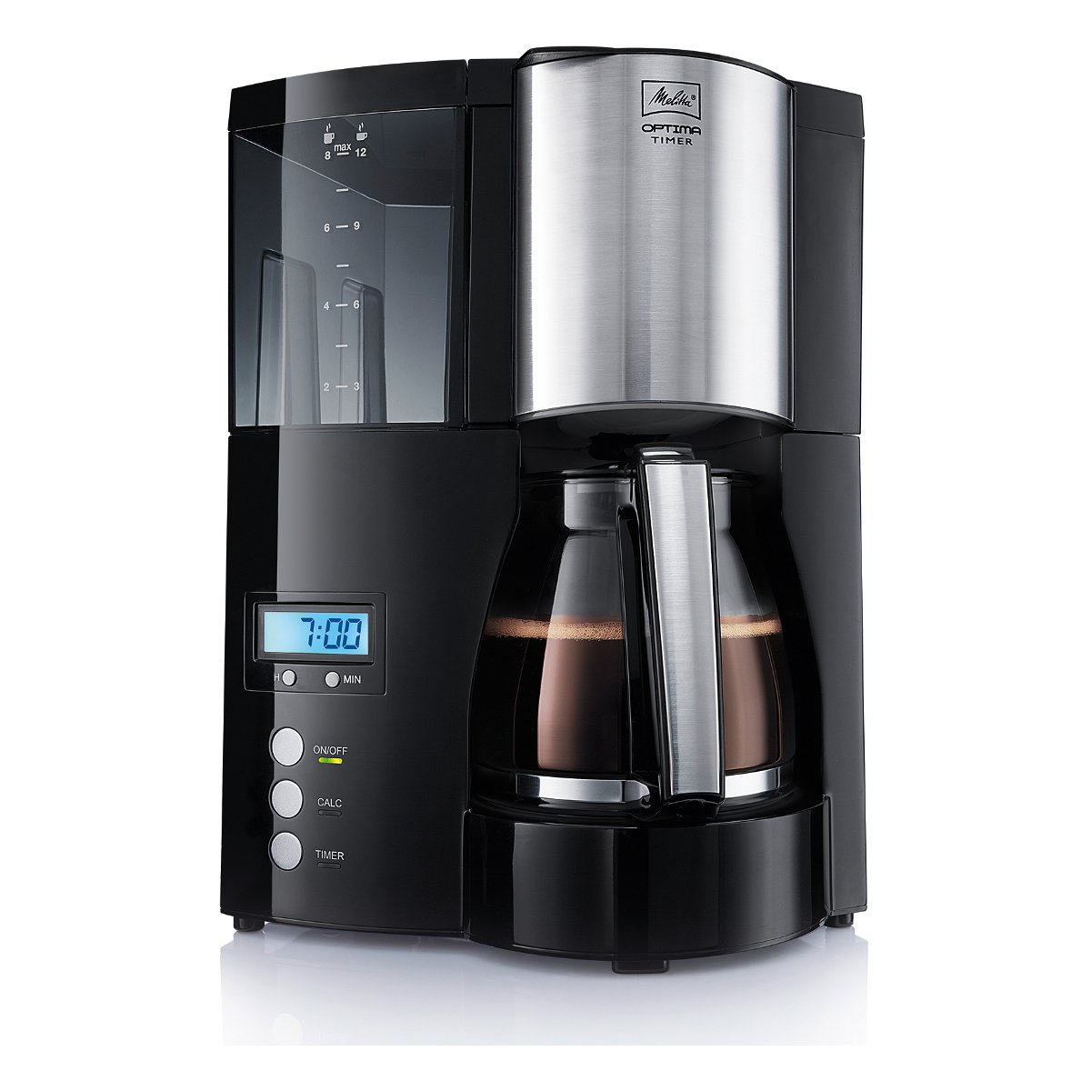 Melitta Optima Timer – Filterkaffeemaschine mit Glaskanne, entnehmbarem Wassertank und Timer-Funktion, für bis zu 8 Tassen Kaffee, in Schwarz/Edelstahl