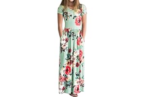 YIJODM Girls Floral Maxi Dress, Flower Printed Short Sleeves Dress with Pockets Summer Long Holiday Dress