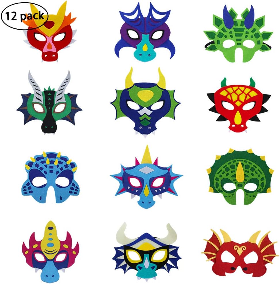 iROLEWIN 12 Pack Dragon Masks for Children Dinosaur Costumes Party Favors Christmas Toys