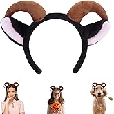 Beviliu Goat Ears Headband with Ram Horns, Animals Ears and Horns Headband, Sheep Ears Custome Lamb Ears Headwear for Halloween Christmas Birthday Party Theme Cosplay, Black