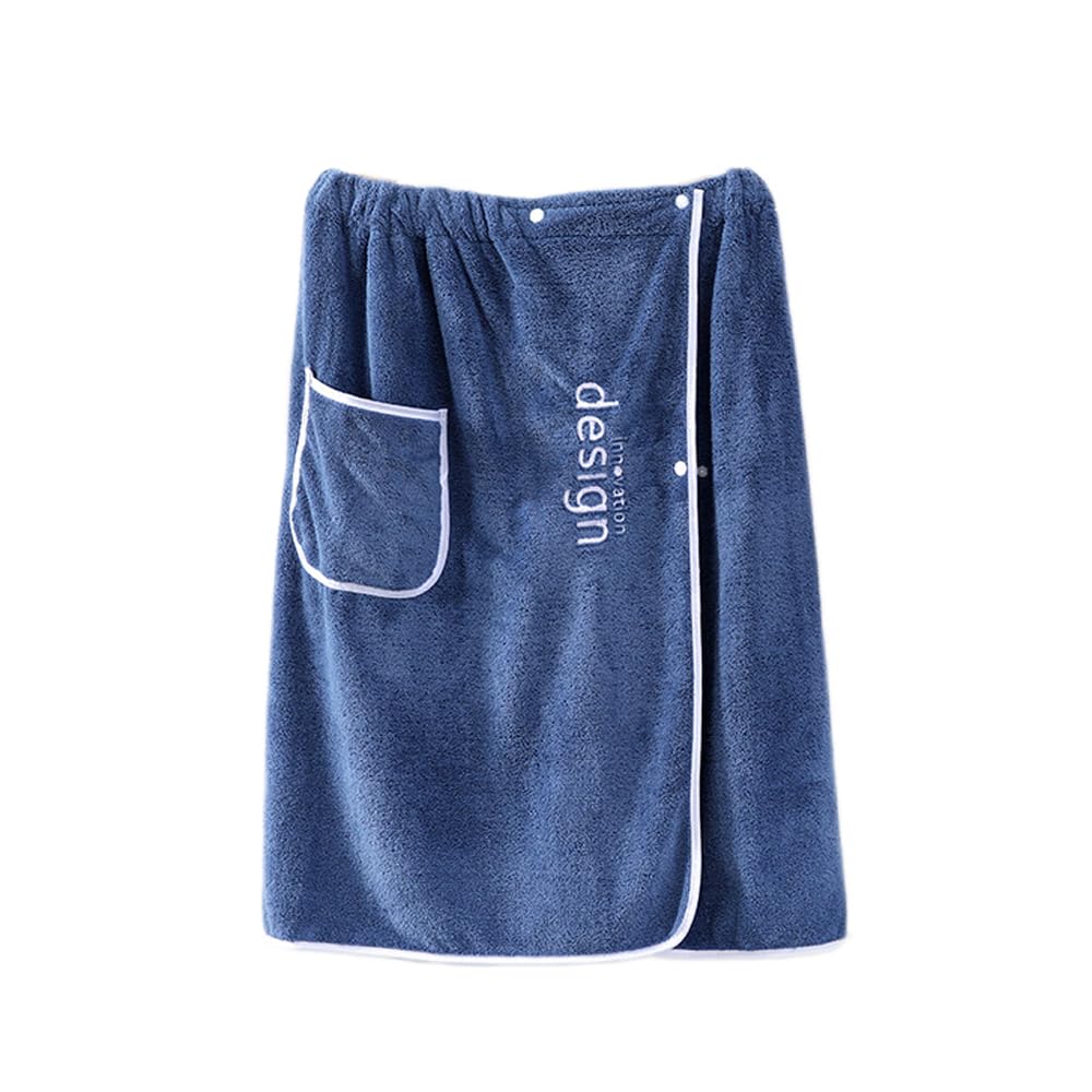 FakeFace Men's Bath Towel Wrap Wearable Towel Skirt with Pocket Adjustable Coral Fleece Absorbent Bathing Towel Cover Up Bathrobe Spa Shower Sauna Swimming Beach Gym (Blue)