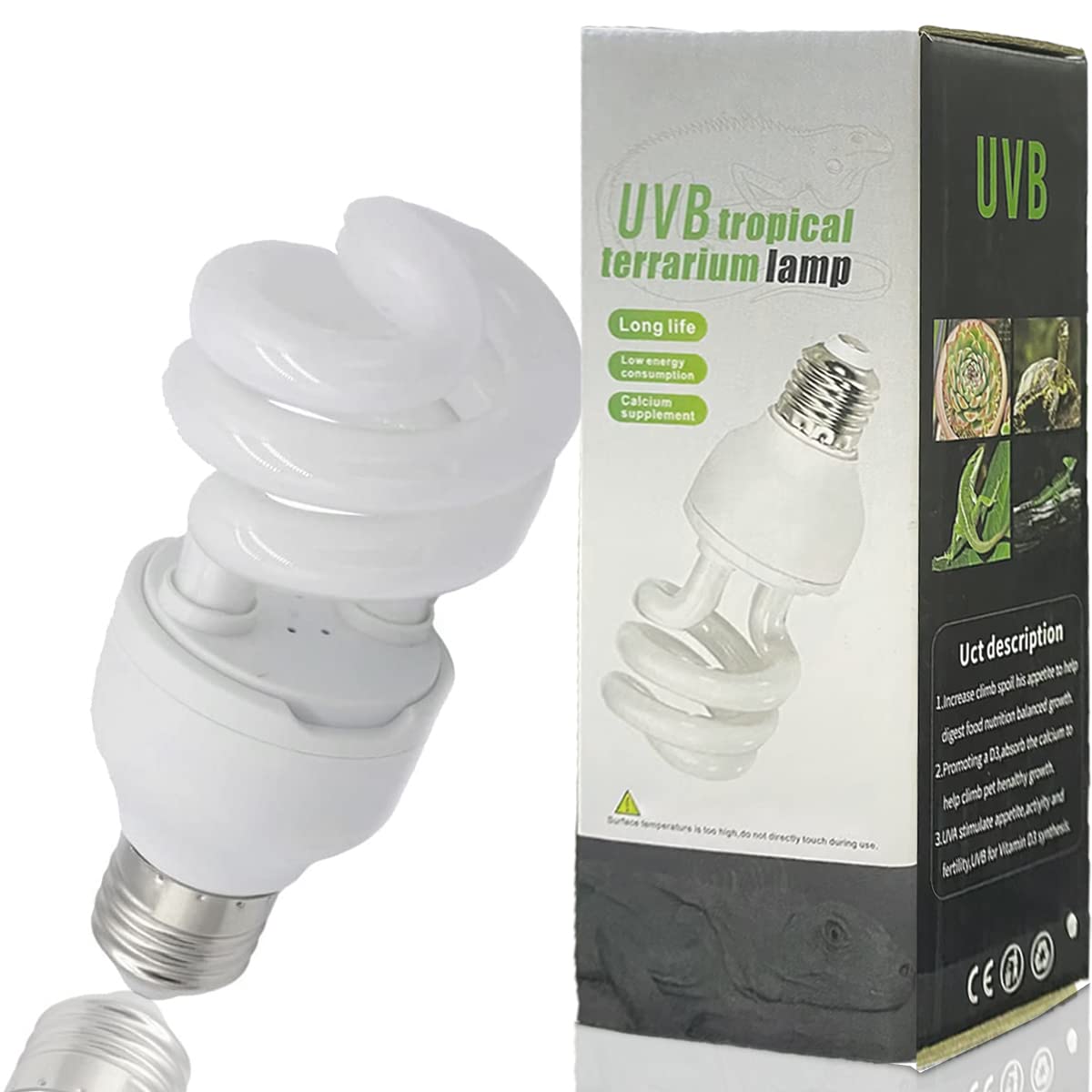 QeeHeng UVB Reptile Light Bulb 5.0 Turtle Lamp Energy Saving Compact Fluorescent Bulbs for Tropical Rainforest Amphibians Pet Aquarium Fish Lizard Snake,13W E27 Screw (UVB5.0 13W)