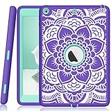 iPad 5th/6th Generation Case, Hocase Heavy Duty Shock Absorbent Rubber+Hard Plastic Dual Layer Protective Case w/Mandala Floral Print and Kickstand for iPad 9.7 2018/2017 - Purple/Teal
