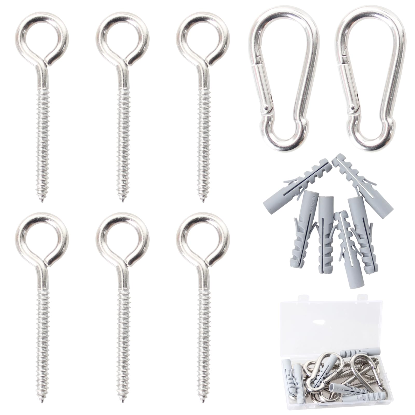 4.5'' 304 Stainless Steel Eye Hooks Screw Set and 3.15'' Carabiner Clips, 6 Pcs Screw Eye Hooks and 2 Pcs Spring Snap Hook, Eyelet Screw Set for Indoor and Outdoor