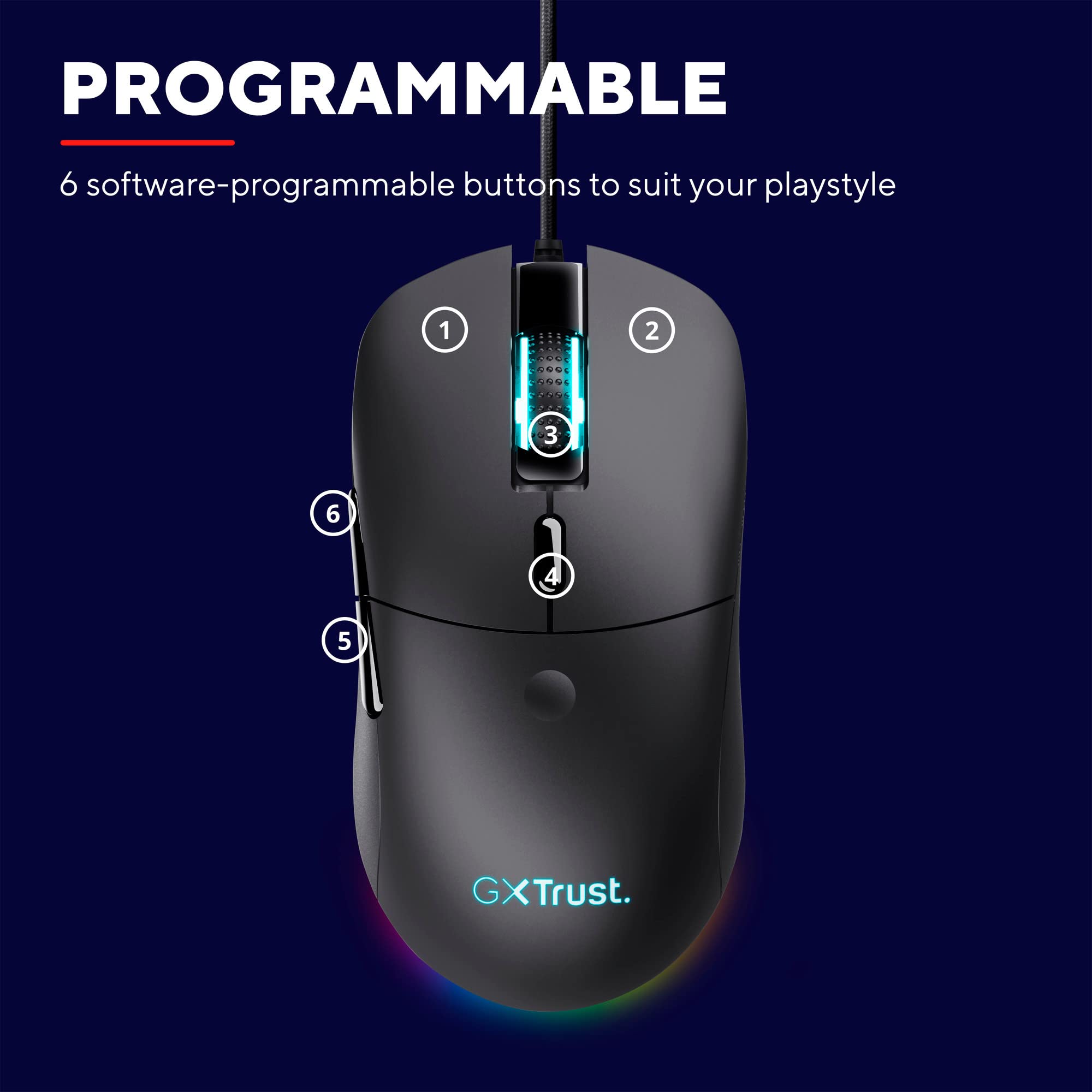 Trust Gaming GXT 981 Redex Federleichte Gaming-Maus, 200-10.000 DPI, 80-Mill-Kailh-Schaltern, Optischer Sensor, RGB-Maus, 6 Programmierbare Tasten, PC-Maus für Laptop, Computer, Windows – Schwarz 6
