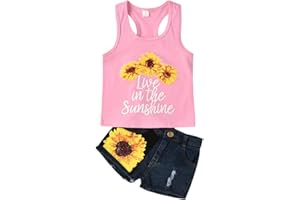 1-8T Toddler Girls Letters Sleeveless Top + Denim Shorts Sunflower Clothes Set