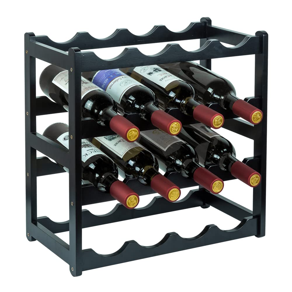 Photo 1 of Homevany Bamboo Wine Rack, Sturdy and Durable Wine Storage Cabinet Shelf, Wine Racks Countertop for Pantry - 4 Tiers 16 Bottle Wine Rack Black