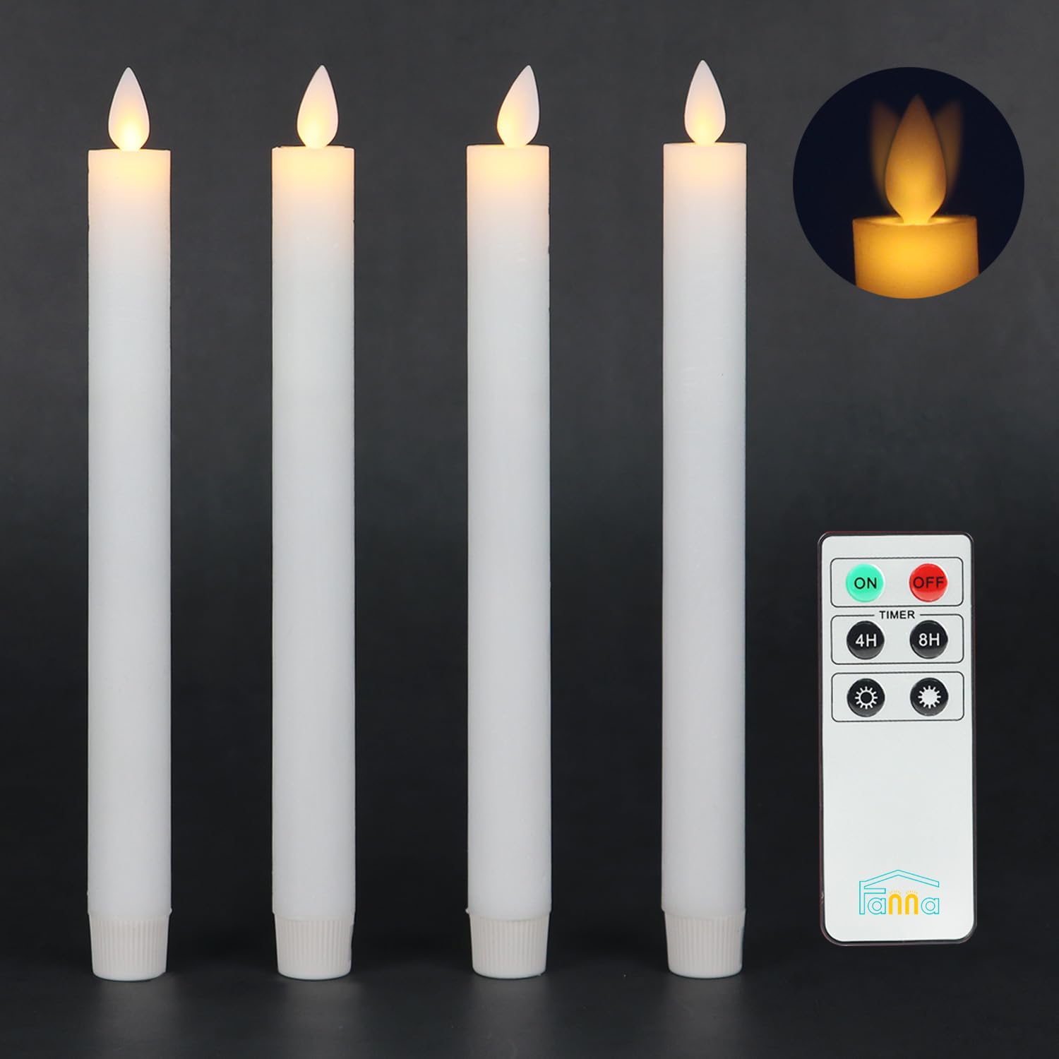 Fanna LED Taper Candles with Moving Flame, Real Wax Finished Flickering Battery Operated Candles, Remote Control & Batteries Included - Set of 4