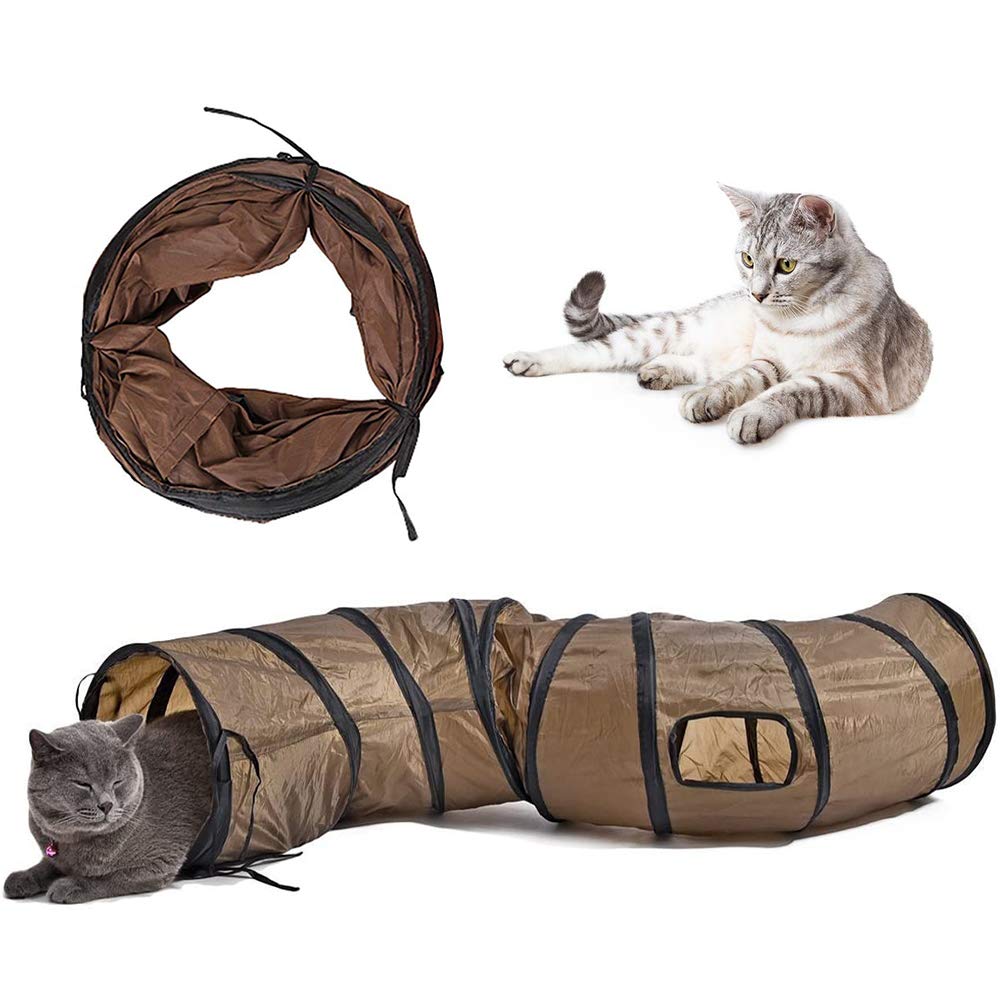 Andiker Cat Tunnel, S-Shape Cat Tube Collapsible Kitten Play Toy with 2 Side Holes for Kitten Exercising Hiding Training and Running Cats Toy for Indoor Cats(Brown)